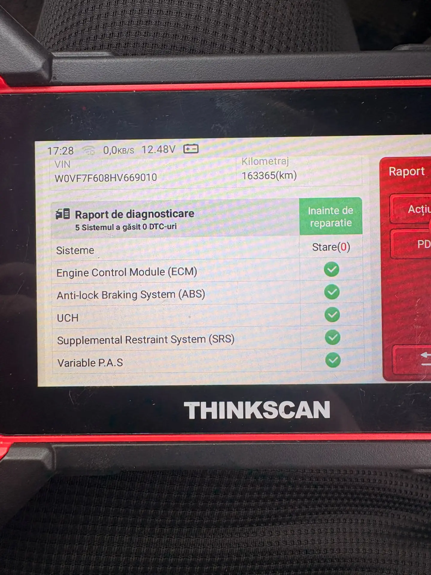 Thinkscan diagnostic scanner displaying a completed vehicle health check with zero fault codes across all major control modules.