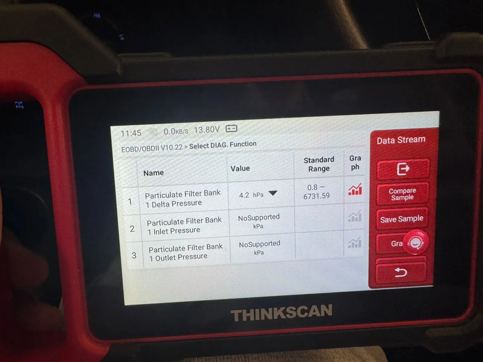 Thinkscan diagnostic scanner showing 4.2 hPa DPF differential pressure after Toyota Hilux DPF cleaning.