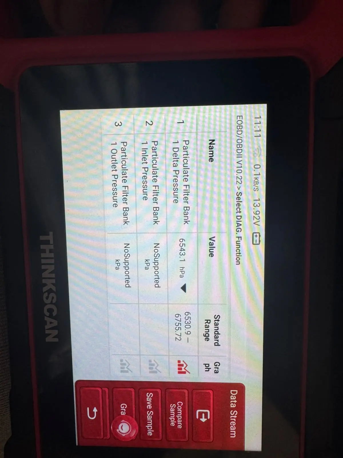 Thinkscan diagnostic tool displaying 6543.1 hPa DPF differential pressure before DPF cleaning on a Toyota Hilux.