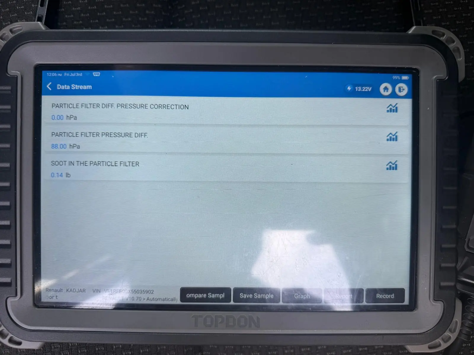 Renault Kadjar DPF diagnostic scan showing particle filter pressure difference and soot level readings before cleaning.