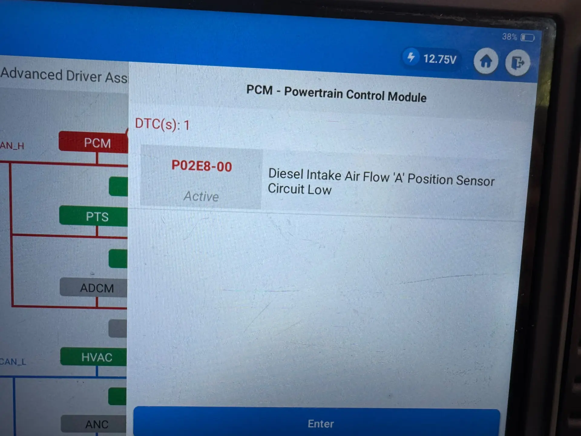 Jeep Grand Cherokee diagnostic scan showing fault code P02E8-00 for diesel intake air flow position sensor circuit low.